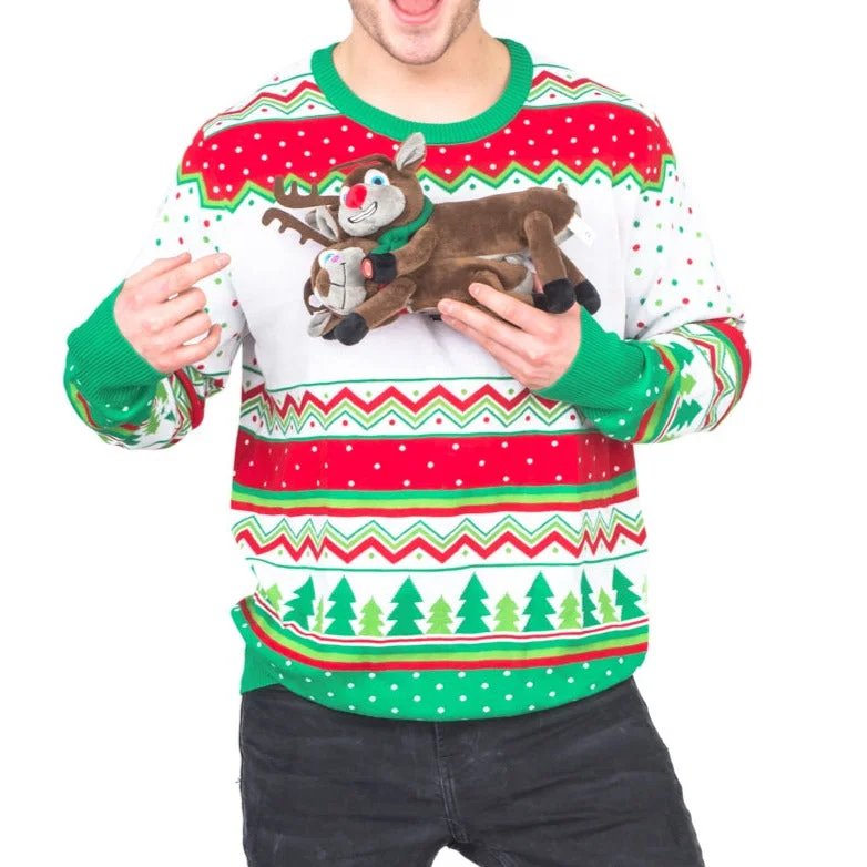 Regular Fit Men's Mock - Neck Sweater in Teal with a Side Slit for a Modern Office AttireHumping Reindeer 3D Animated Ugly Christmas Sweater Regular Fit Men's Mock - Neck Sweater in Teal with a Side Slit for a Modern Office AttireHumping Reindeer 3D Animated Ugly Christmas Sweater