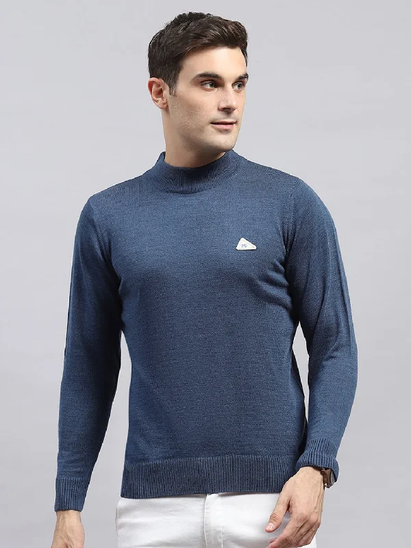 Plus Size Men's Striped Cotton - Blend Sweater in Navy and White for a Nautical - Themed VacationMen Blue Solid High Neck Full Sleeve Pullover Plus Size Men's Striped Cotton - Blend Sweater in Navy and White for a Nautical - Themed VacationMen Blue Solid High Neck Full Sleeve Pullover