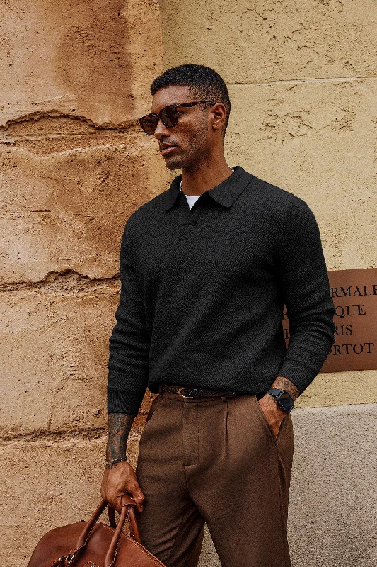 Men's Mock - Neck Pullover in Charcoal for a Modern and Sleek AppearanceMen Fully Textured Sweater Long Sleeve Lapel Collar V-Neck Pullover Knitwear Men's Mock - Neck Pullover in Charcoal for a Modern and Sleek AppearanceMen Fully Textured Sweater Long Sleeve Lapel Collar V-Neck Pullover Knitwear