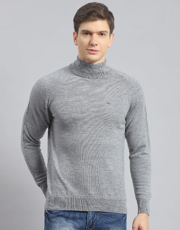 Regular Fit Men's Mock - Neck Sweater in Teal with a Side Slit for a Modern Office AttireMen Grey Melange Solid High Neck Full Sleeve Pullover Regular Fit Men's Mock - Neck Sweater in Teal with a Side Slit for a Modern Office AttireMen Grey Melange Solid High Neck Full Sleeve Pullover