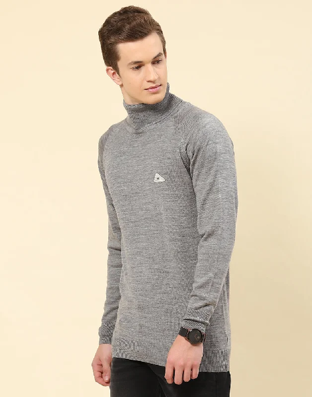 Men's Chunky Knit Fair Isle Patterned Wool Sweater in Multicolor for a Festive Holiday OutfitMen Grey Solid High Neck Full Sleeve Pullover Men's Chunky Knit Fair Isle Patterned Wool Sweater in Multicolor for a Festive Holiday OutfitMen Grey Solid High Neck Full Sleeve Pullover