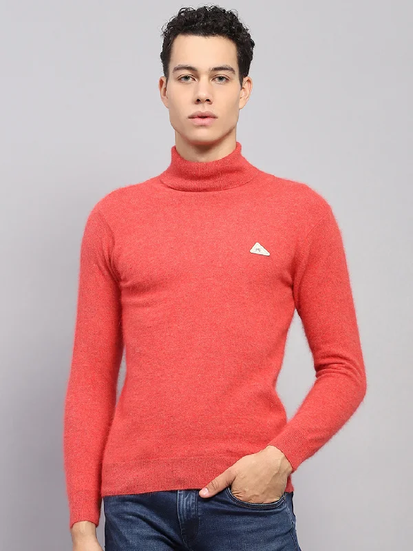 Men's Chunky Knit Fair Isle Patterned Wool Sweater in Multicolor for a Festive Holiday OutfitMen Orange Solid High Neck Full Sleeve Pullover Men's Chunky Knit Fair Isle Patterned Wool Sweater in Multicolor for a Festive Holiday OutfitMen Orange Solid High Neck Full Sleeve Pullover