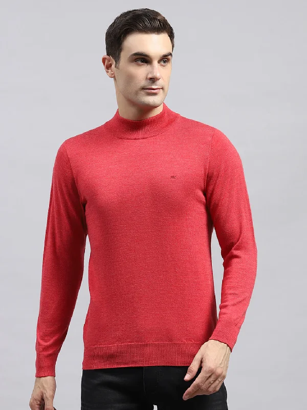 Men's Chunky Knit Fair Isle Patterned Wool Sweater in Multicolor for a Festive Holiday OutfitMen Red Solid High Neck Full Sleeve Pullover Men's Chunky Knit Fair Isle Patterned Wool Sweater in Multicolor for a Festive Holiday OutfitMen Red Solid High Neck Full Sleeve Pullover
