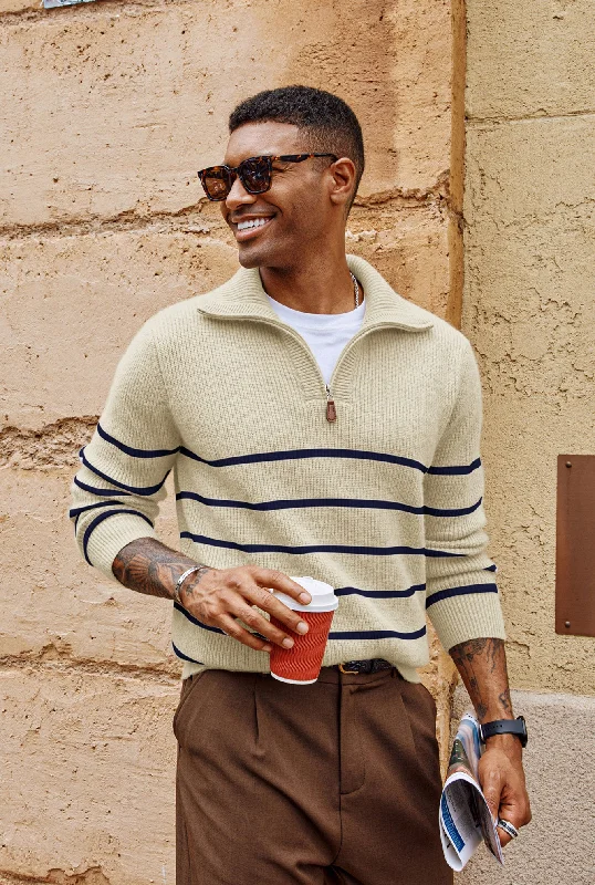 Men's Shearling - Lined Pullover in Tan for a Rugged and Warm Winter EnsembleMen Striped Sweater Long Sleeve Lapel Collar Zip-up Neck Pullover Men's Shearling - Lined Pullover in Tan for a Rugged and Warm Winter EnsembleMen Striped Sweater Long Sleeve Lapel Collar Zip-up Neck Pullover