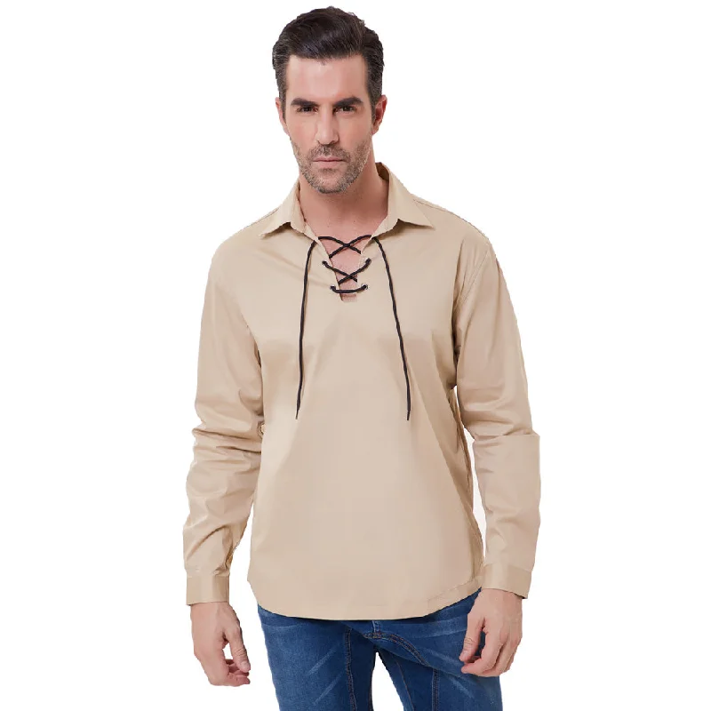 Plus Size Men's Striped Pullover in Navy and White for a Nautical - Inspired LookMens Scottish Jacobite Ghillie Kilt Shirt Lace up Pirate Renaissance Pullover Long SleeveTop