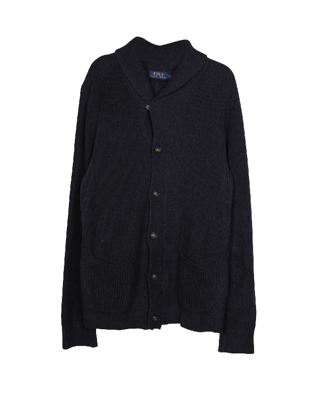 Plus Size Men's Open - Front Cardigan Sweater in Burgundy with Buttons for a Stylish LayerPolo Ralph Lauren Long-sleeve Shawl Collar Rib-Knit Cardigan in Navy Blue Cotton