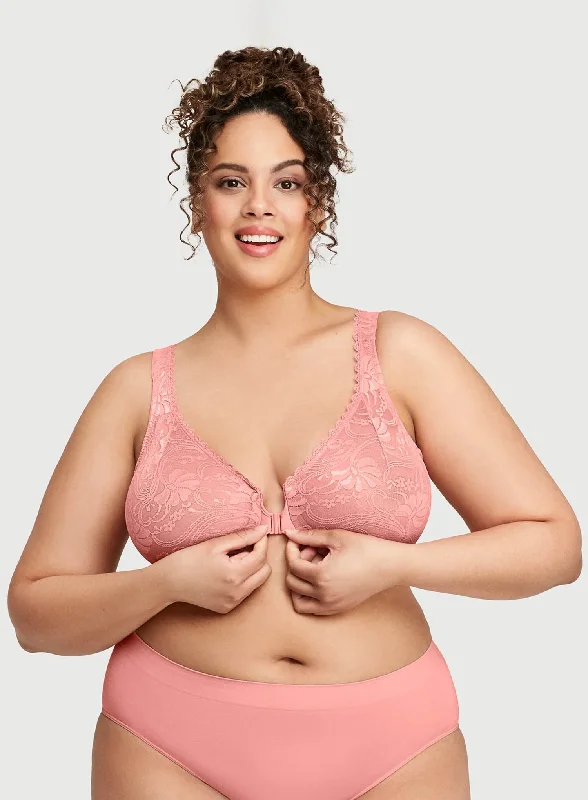 Glamorise: All Over Lace Front Opening Wonderwire Bra Apricot