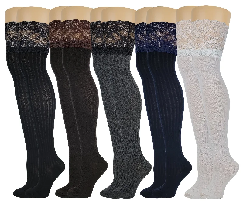 Women's knee - high socks with lace trimOver the Knee Socks | Assorted Color with Lace (5 Pairs)
