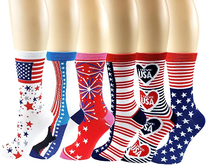 Women 6 Pairs 4th of July Independence Day Novelty Crew Socks