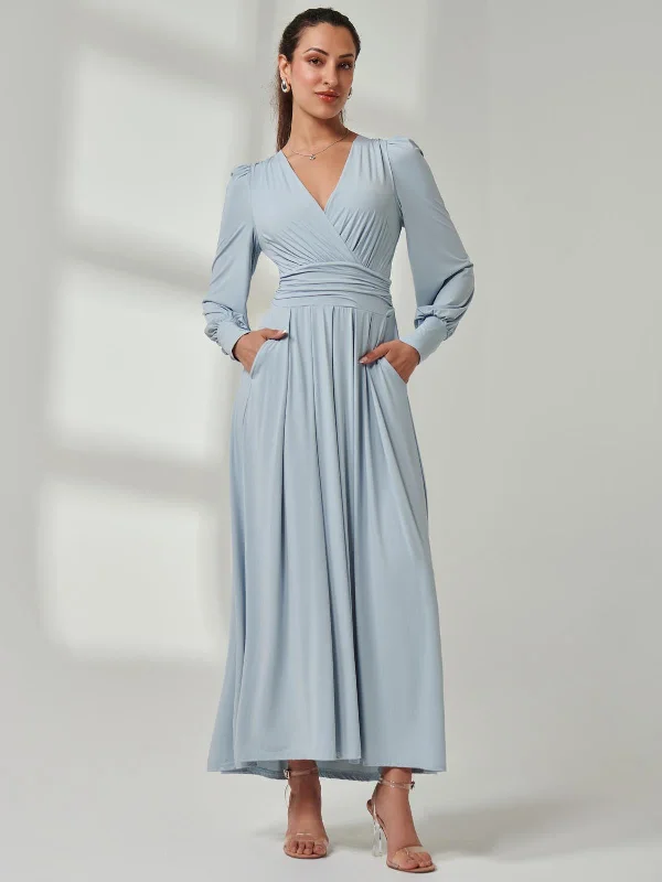 Long Sleeve Soft Silky Jersey Maxi Dress, Ice Blue