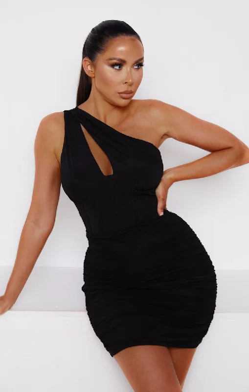 Black One Shoulder Mesh Bodycon Mini Dress - Amy