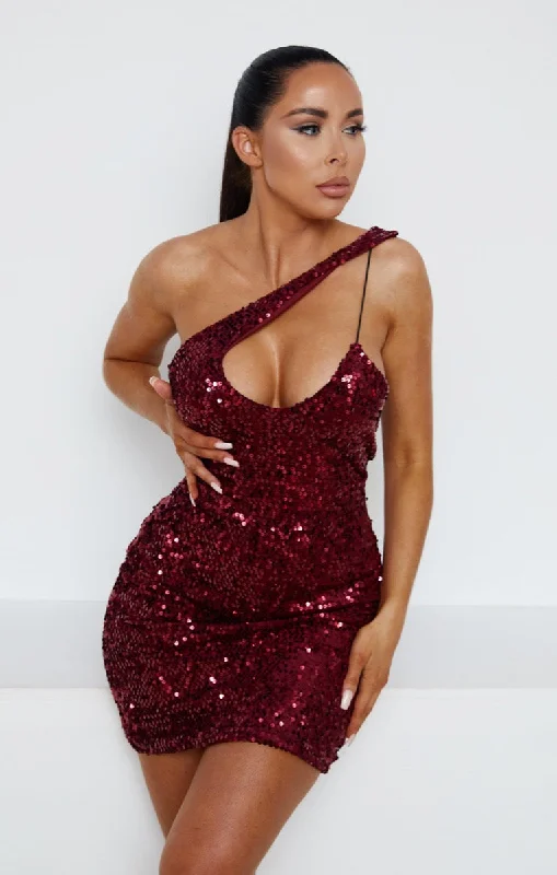 Wine Sequin One Shoulder Cut Out Bodycon Mini Dress - Ivy