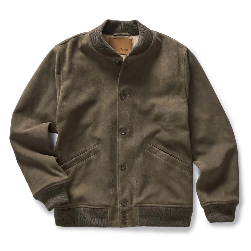 Men coats with a contrasting trim for a fashion - forward aestheticThe Bomber Jacket in Army Suede Men coats with a contrasting trim for a fashion - forward aestheticThe Bomber Jacket in Army Suede