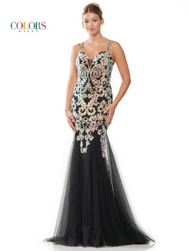 Colors 3208 Long Formal Sequin Mesh Prom Dress