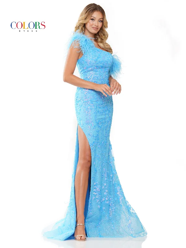 Colors 3253 Long One Shoulder Fitted Feather Prom Dress