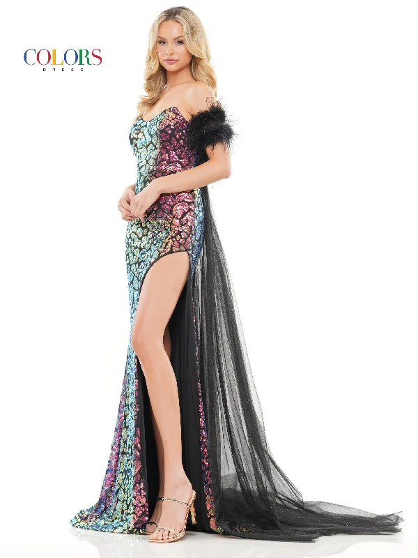 Colors 3259 Long Fitted Off Shoulder Feather Prom Dress