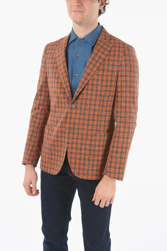 Stylish men coats with a double - breasted design for a formal lookCorneliani CC COLLECTION Half-lined Plaid Check Blazer with Patch Pocke
