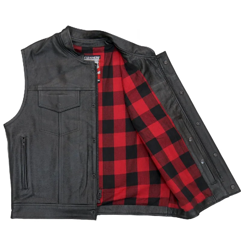 Men leather moto jackets with multiple zipper pockets for added storage and an edgy appearanceHot Leathers VSM1060 Men's Black 'Flannel Red' Conceal and Carry Leather Vest Men leather moto jackets with multiple zipper pockets for added storage and an edgy appearanceHot Leathers VSM1060 Men's Black 'Flannel Red' Conceal and Carry Leather Vest