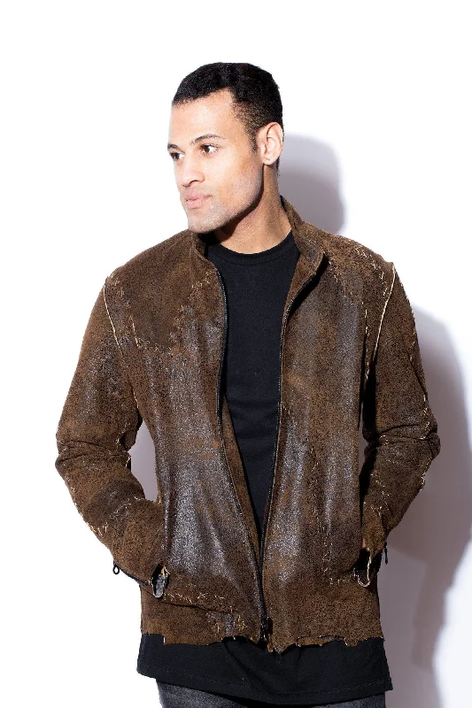 Men leather blazers with a modern fit for a stylish office - to - evening optionBrown Distressed Leather Jacket with Handlace Cross Stitching Men leather blazers with a modern fit for a stylish office - to - evening optionBrown Distressed Leather Jacket with Handlace Cross Stitching
