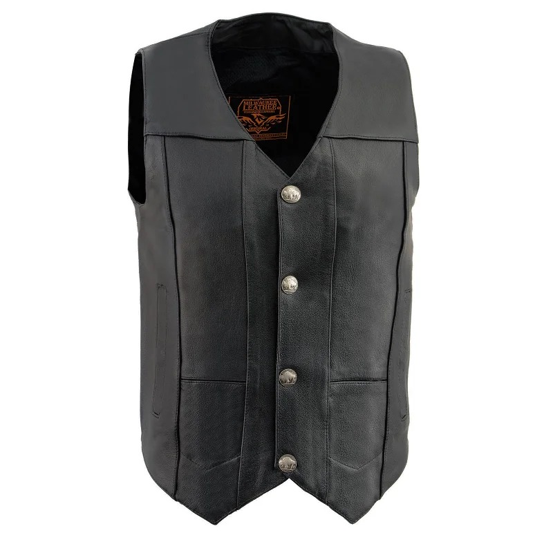 Men leather peacoats with a wool - blend lining for extra warmth in cold weatherMilwaukee Leather LKM3700 Men's Black Leather Classic V-Neck Motorcycle Rider Vest w/ Buffalo Nickel Snaps Closure Men leather peacoats with a wool - blend lining for extra warmth in cold weatherMilwaukee Leather LKM3700 Men's Black Leather Classic V-Neck Motorcycle Rider Vest w/ Buffalo Nickel Snaps Closure