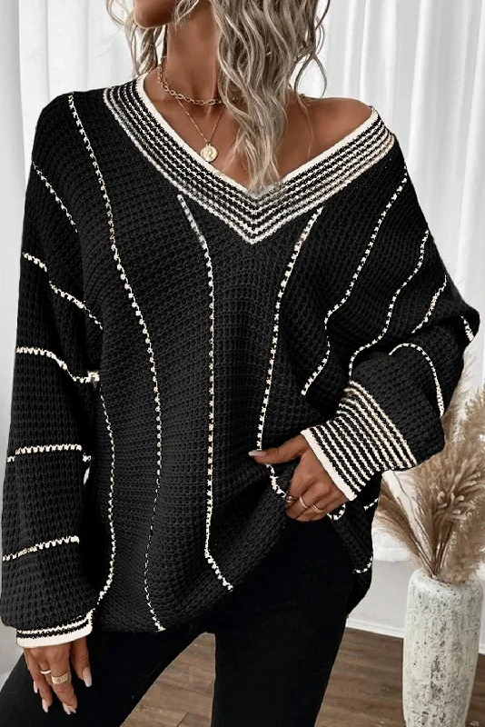 Men's long sleeve polo shirts with a contrast placket for added styleBlack Colorblock Striped V Neck Knitted Loose Sweater Men's long sleeve polo shirts with a contrast placket for added styleBlack Colorblock Striped V Neck Knitted Loose Sweater