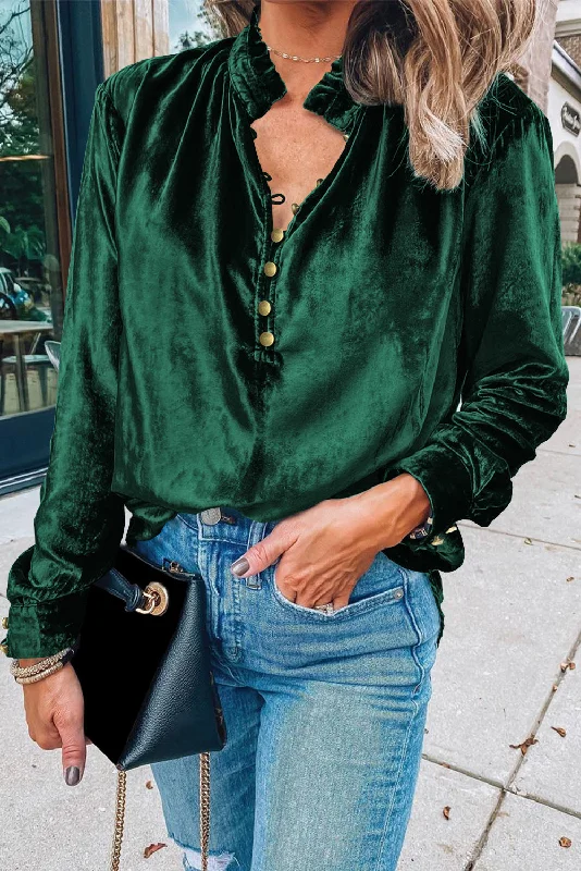 Men's long sleeve thermal shirts with thumbholes for extra warmthBlackish Green Frilled Neck Buttoned Front Velvet Top Men's long sleeve thermal shirts with thumbholes for extra warmthBlackish Green Frilled Neck Buttoned Front Velvet Top