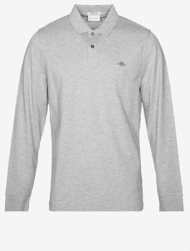 Men's high - collar polo shirts with a modern twistRegular Shield Long Sleeve Pique Rugger Grey Melange Men's high - collar polo shirts with a modern twistRegular Shield Long Sleeve Pique Rugger Grey Melange