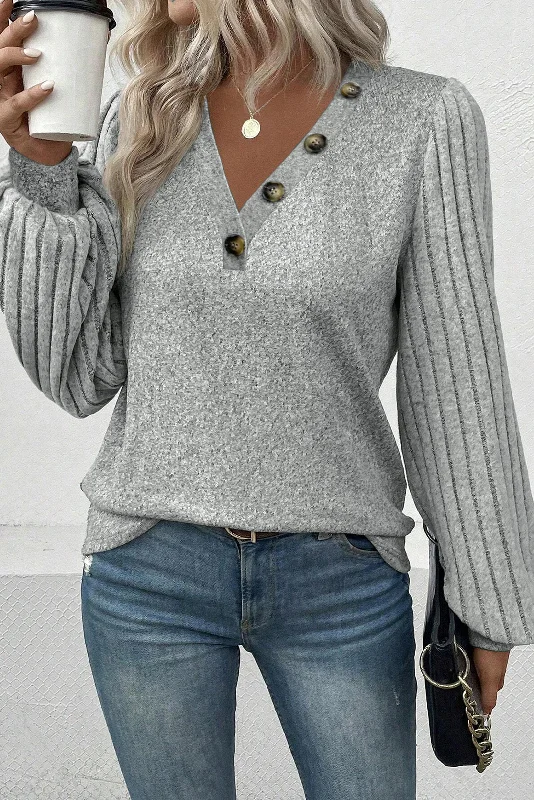Men's long sleeve silk shirts in vibrant colors for a night outLight Grey Buttoned V Neck Ribbed Puff Sleeve Top Men's long sleeve silk shirts in vibrant colors for a night outLight Grey Buttoned V Neck Ribbed Puff Sleeve Top