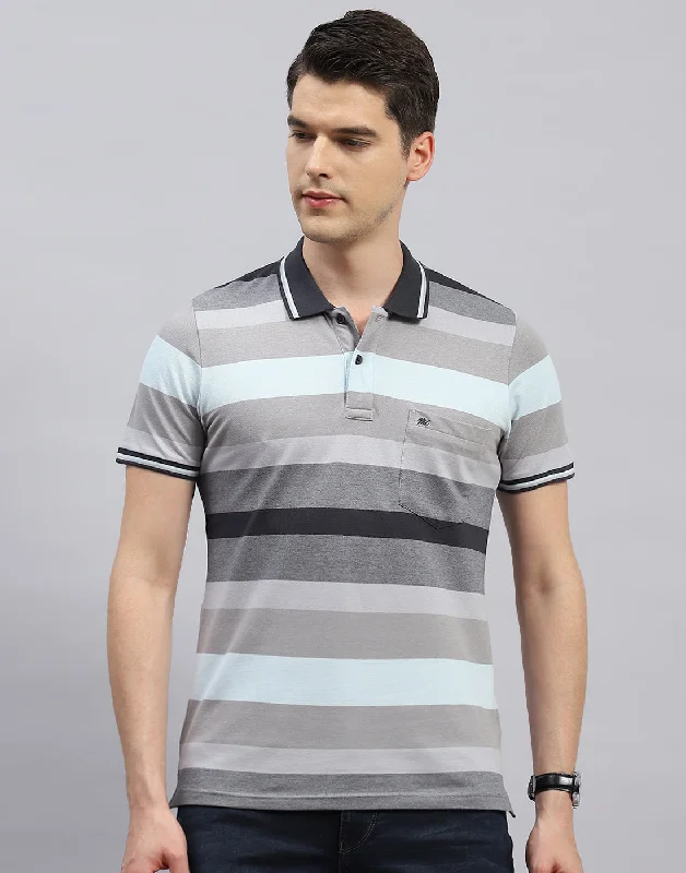 Men's jacquard woven polo shirts with intricate designsMen Grey Stripe Polo Collar Half Sleeve T-Shirt Men's jacquard woven polo shirts with intricate designsMen Grey Stripe Polo Collar Half Sleeve T-Shirt