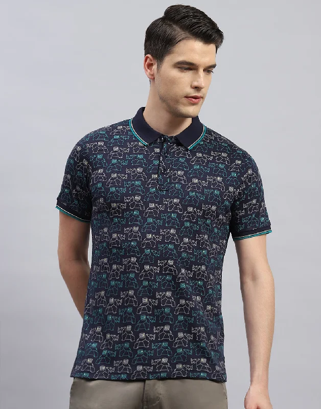 Men's lightweight performance polo shirts for tennis matchesMen Navy Blue Printed Polo Collar Half Sleeve T-Shirt