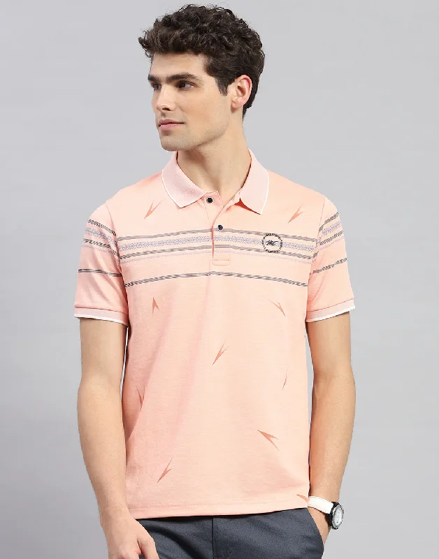 Men's ribbed cuffs and hem polo shirts for a textured lookMen Orange Printed Polo Collar Half Sleeve T-Shirt Men's ribbed cuffs and hem polo shirts for a textured lookMen Orange Printed Polo Collar Half Sleeve T-Shirt