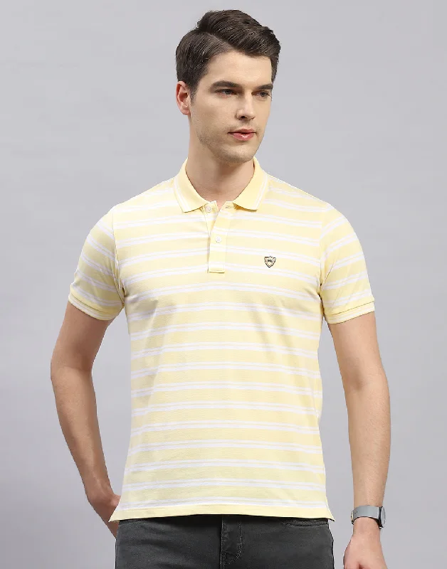 Men's breathable cotton blend polo shirts for summer outingsMen Yellow Stripe Polo Collar Half Sleeve T-Shirt