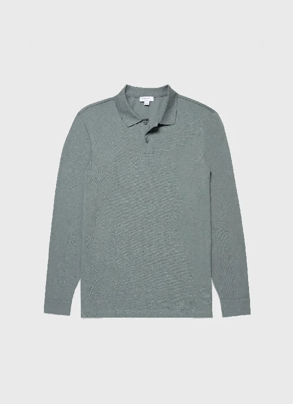 Men's color - block polo shirts with a bold fashion statementMen's Long Sleeve Piqué Polo Shirt in Smoke Green Men's color - block polo shirts with a bold fashion statementMen's Long Sleeve Piqué Polo Shirt in Smoke Green