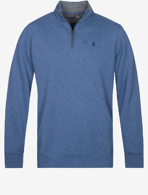 Men's long sleeve classic fit polo shirts with embroidered logosDouble Knit Half Zip Jersey Blue Men's long sleeve classic fit polo shirts with embroidered logosDouble Knit Half Zip Jersey Blue
