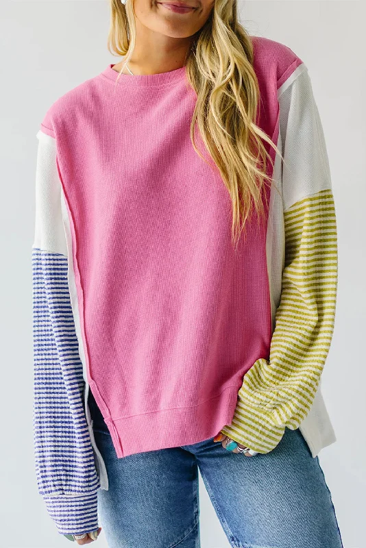 Men's lightweight long sleeve linen shirts for summer beach vacationsSachet Pink Exposed Seam Striped Color Block Patchwork Long Sleeve Top Men's lightweight long sleeve linen shirts for summer beach vacationsSachet Pink Exposed Seam Striped Color Block Patchwork Long Sleeve Top
