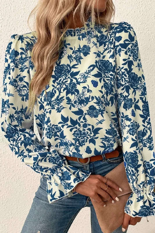 Men's long sleeve thermal shirts with thumbholes for extra warmthSky Blue Floral Print Flounce Sleeve Keyhole Back Blouse Men's long sleeve thermal shirts with thumbholes for extra warmthSky Blue Floral Print Flounce Sleeve Keyhole Back Blouse