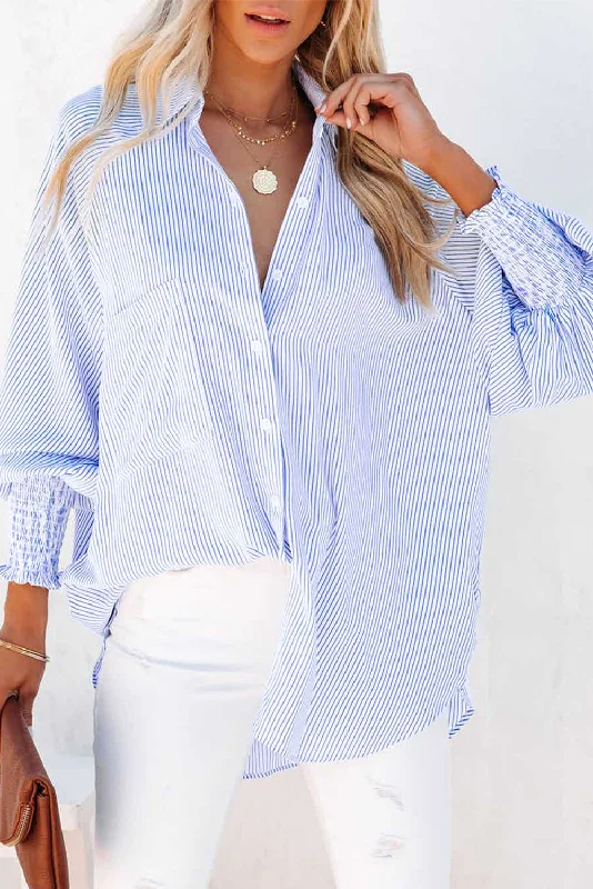 Men's printed long sleeve Hawaiian shirts for tropical getawaysSky Blue Smocked Cuffed Striped Boyfriend Shirt with Pocket Men's printed long sleeve Hawaiian shirts for tropical getawaysSky Blue Smocked Cuffed Striped Boyfriend Shirt with Pocket