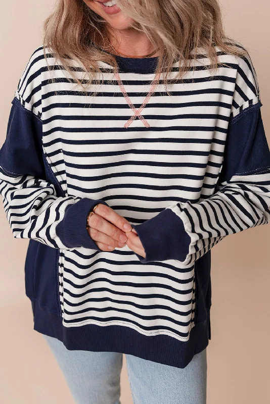 Men's printed long sleeve Hawaiian shirts for tropical getawaysWhite Stripe Color Block Exposed Seam Loose Fit Sweatshirt Men's printed long sleeve Hawaiian shirts for tropical getawaysWhite Stripe Color Block Exposed Seam Loose Fit Sweatshirt
