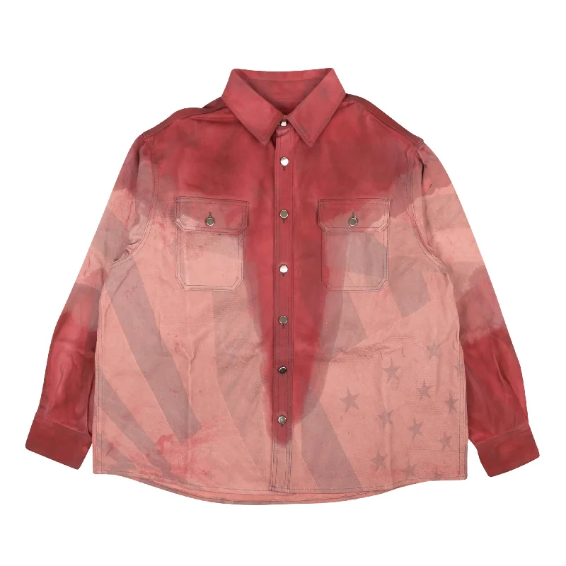 Men's eco - friendly recycled t - shirts for sustainable fashion choices424 On Fairfax All Over Print Flag Denim Shirt - Red/Gray Men's eco - friendly recycled t - shirts for sustainable fashion choices424 On Fairfax All Over Print Flag Denim Shirt - Red/Gray
