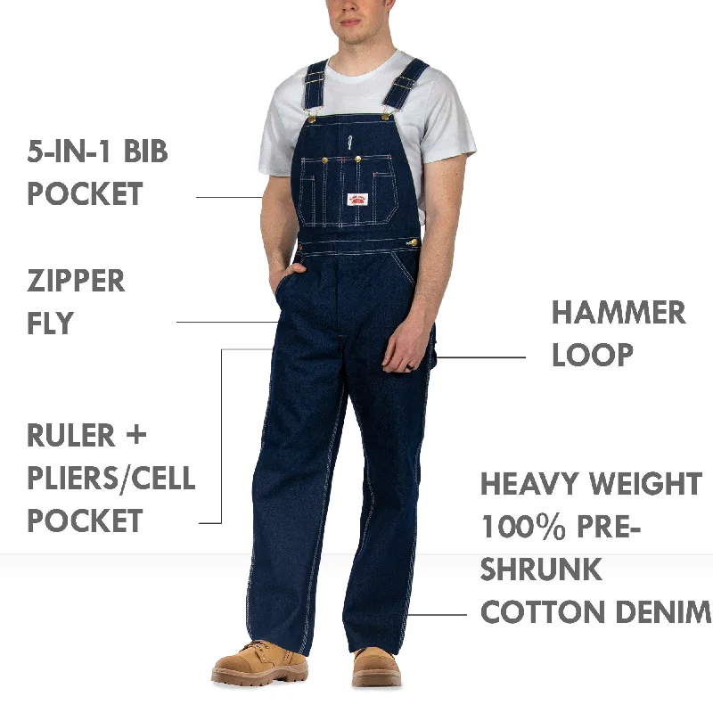 Overalls with a ruffled hem for a stylish touchNon-USA Classic Blue Denim Zipper Fly Bib Overalls - Not Sewn in USA Overalls with a ruffled hem for a stylish touchNon-USA Classic Blue Denim Zipper Fly Bib Overalls - Not Sewn in USA