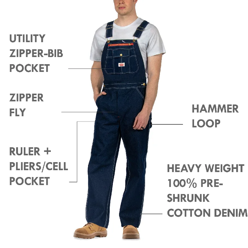 Overalls with a patchwork design for a unique lookNon-USA Utility Zipper-Bib Blue Denim Overalls - Not Sewn in USA Overalls with a patchwork design for a unique lookNon-USA Utility Zipper-Bib Blue Denim Overalls - Not Sewn in USA