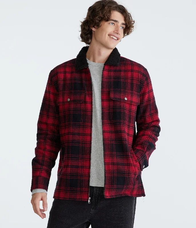Men's button - front t - shirts with a unique artistic printAeropostale Plaid Sherpa-Lined Full-Zip Flannel Shacket Men's button - front t - shirts with a unique artistic printAeropostale Plaid Sherpa-Lined Full-Zip Flannel Shacket
