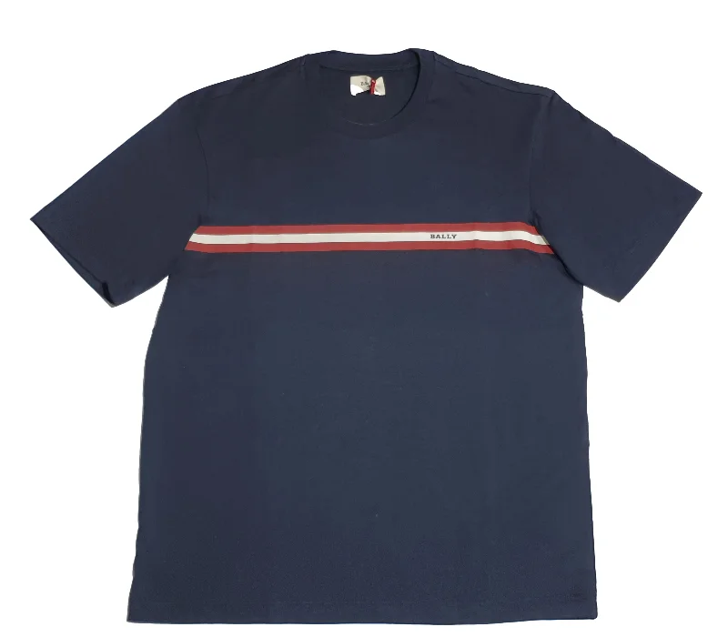 Men's eco - friendly recycled t - shirts for sustainable fashion choicesBally 6233735 Men's Navy Blue 100% Cotton Striped Logo T-Shirt Men's eco - friendly recycled t - shirts for sustainable fashion choicesBally 6233735 Men's Navy Blue 100% Cotton Striped Logo T-Shirt