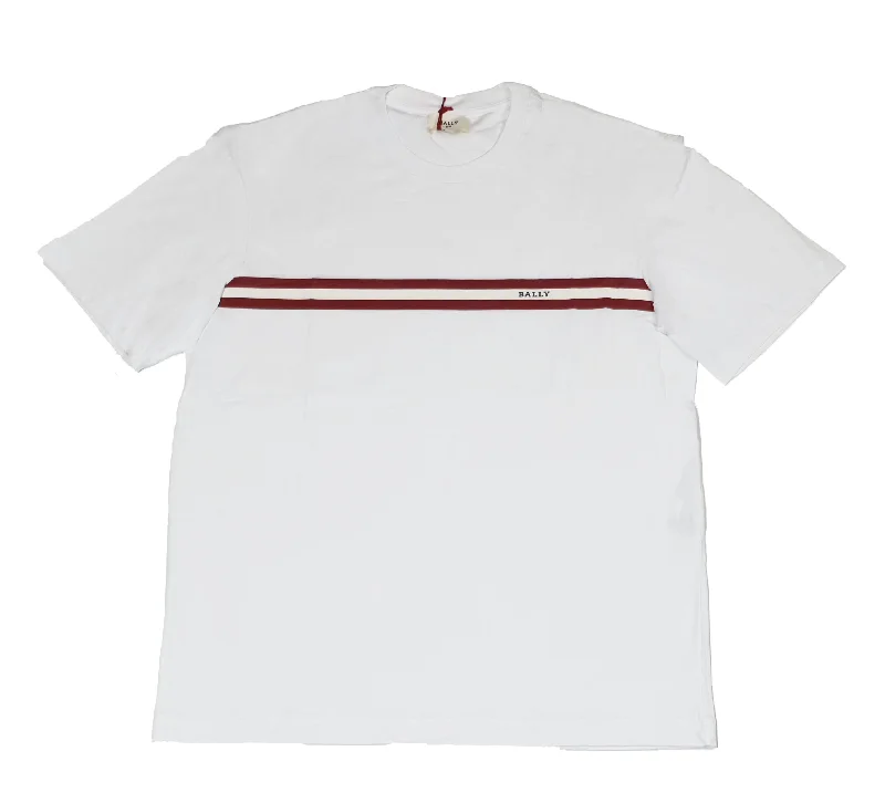 Men's button - front t - shirts with a unique artistic printBally 6233736 Men's Bone 100% Cotton Striped Logo T-Shirt