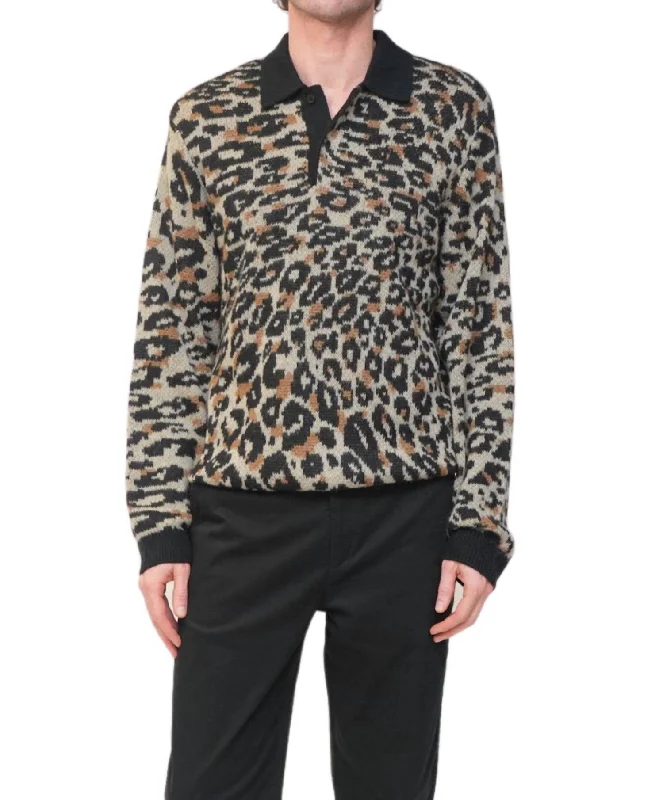 Men's button - front t - shirts with a unique artistic printBeauchamp Polo Sweater In Leopard Print Men's button - front t - shirts with a unique artistic printBeauchamp Polo Sweater In Leopard Print