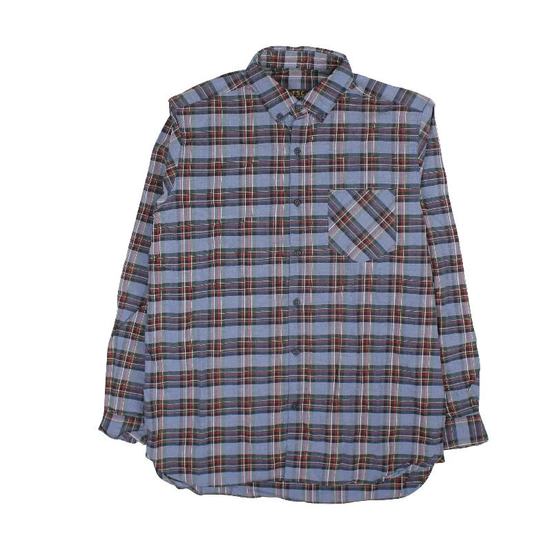 Men's distressed denim - look t - shirts with a rugged appealBlue Plaid Long Sleeve Cotton Shirt Men's distressed denim - look t - shirts with a rugged appealBlue Plaid Long Sleeve Cotton Shirt