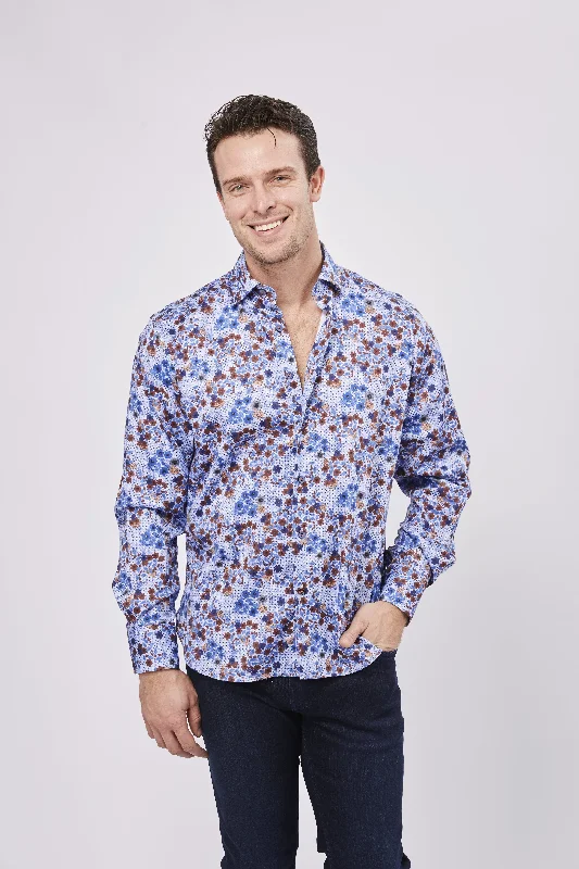Men's moisture - wicking athletic t - shirts for intense workoutsBlue with Polka Dots and Blue and Orange Flowers Men's moisture - wicking athletic t - shirts for intense workoutsBlue with Polka Dots and Blue and Orange Flowers