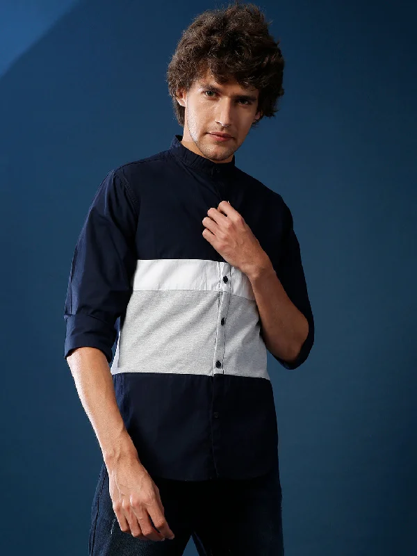 Men's short - sleeve linen t - shirts for summer beach outingsCampus Sutra Men Color Block Casual Mandarin Shirt Men's short - sleeve linen t - shirts for summer beach outingsCampus Sutra Men Color Block Casual Mandarin Shirt