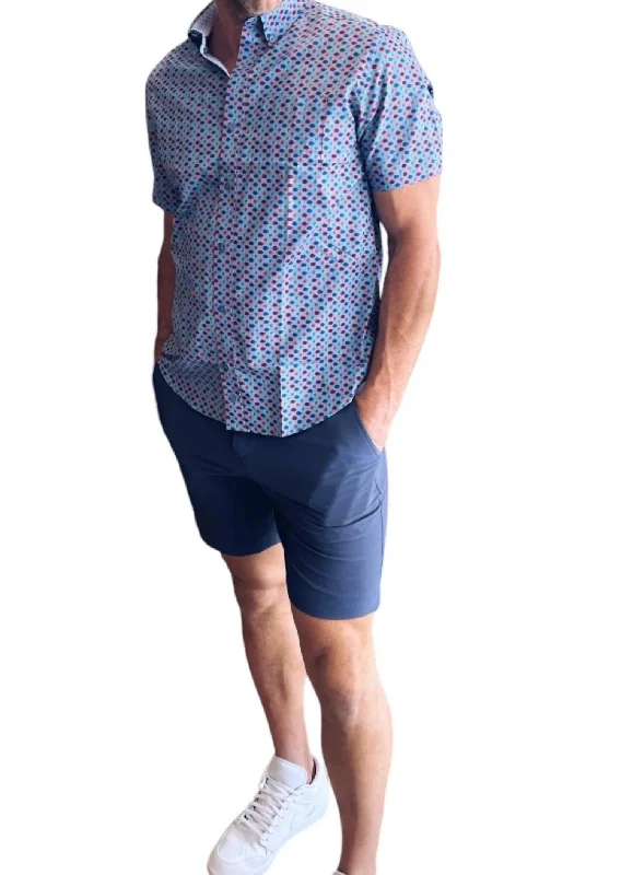 Men's smart - casual checkered t - shirts for semi - formal occasionsCotton Short Sleeve Button Up Shirt In Blue Multi Fish Men's smart - casual checkered t - shirts for semi - formal occasionsCotton Short Sleeve Button Up Shirt In Blue Multi Fish