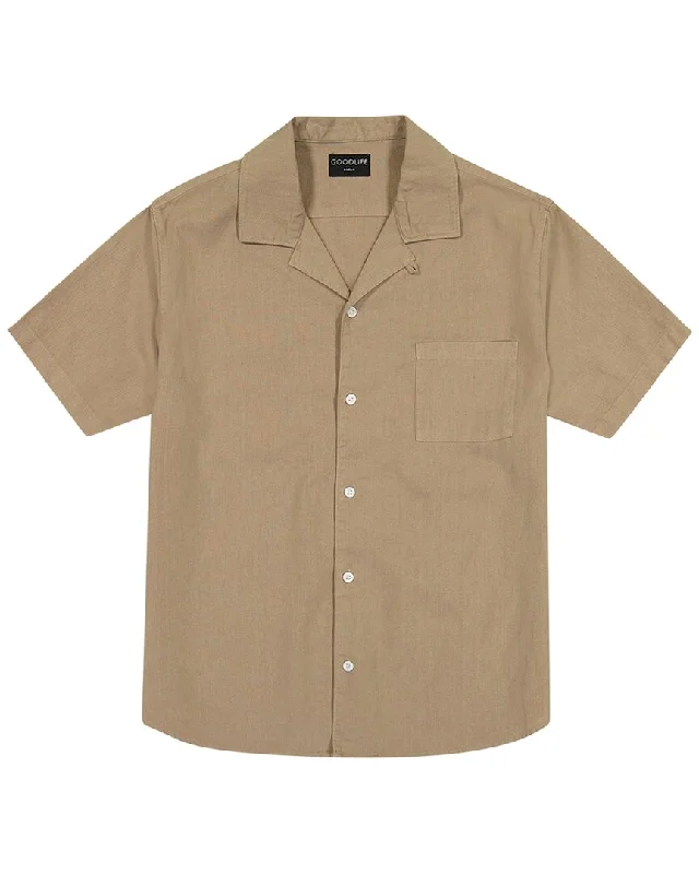 Men's slim - fit graphic t - shirts with vintage rock band printsGoodlife Clothing Camp Collar Linen-Blend Shirt Men's slim - fit graphic t - shirts with vintage rock band printsGoodlife Clothing Camp Collar Linen-Blend Shirt
